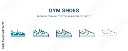 gym shoes icon in 5 different style. Outline, filled, two color, thin gym shoes icon isolated on white background. Editable vector can be used web and mobile