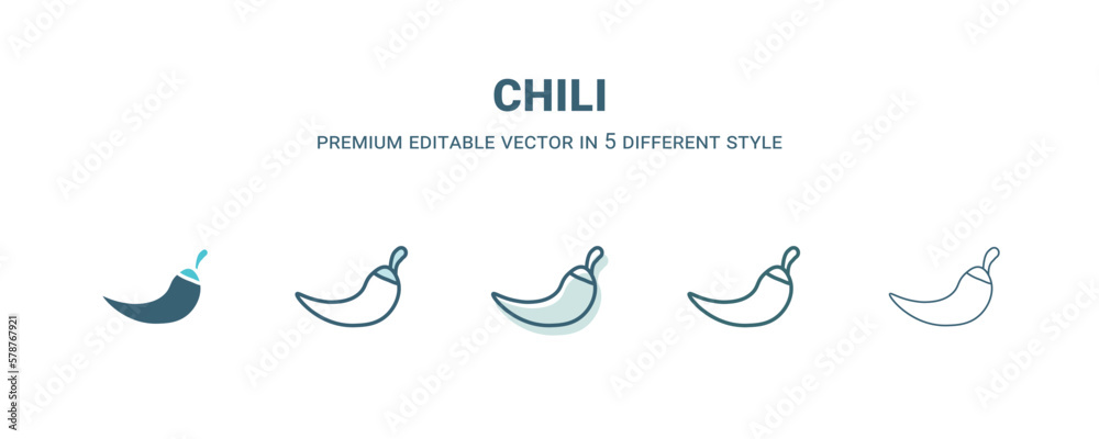 chili icon in 5 different style. Outline, filled, two color, thin chili icon isolated on white background. Editable vector can be used web and mobile chili icon in 5 different style. Outline, filled, two color, thin chili icon isolated on white background. Editable vector can be used web and mobile