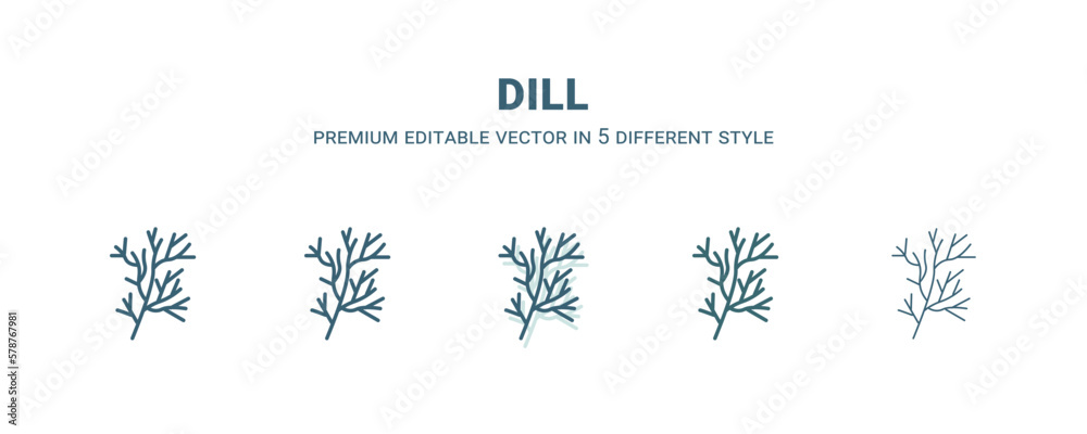 dill icon in 5 different style. Outline, filled, two color, thin dill icon isolated on white background. Editable vector can be used web and mobile