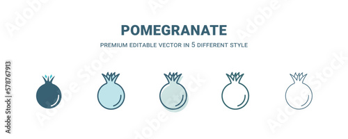 pomegranate icon in 5 different style. Outline, filled, two color, thin pomegranate icon isolated on white background. Editable vector can be used web and mobile