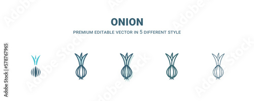 onion icon in 5 different style. Outline, filled, two color, thin onion icon isolated on white background. Editable vector can be used web and mobile