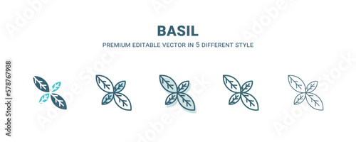 basil icon in 5 different style. Outline, filled, two color, thin basil icon isolated on white background. Editable vector can be used web and mobile