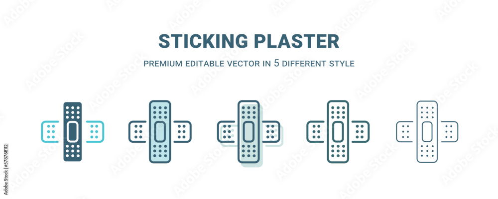 sticking plaster icon in 5 different style. Outline, filled, two color, thin sticking plaster icon isolated on white background. Editable vector can be used web and mobile