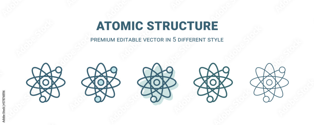 atomic structure icon in 5 different style. Outline, filled, two color, thin atomic structure icon isolated on white background. Editable vector can be used web and mobile