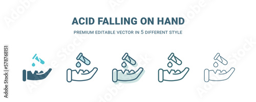 acid falling on hand icon in 5 different style. Outline  filled  two color  thin acid falling on hand icon isolated on white background. Editable vector can be used web and mobile