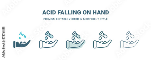 acid falling on hand icon in 5 different style. Outline, filled, two color, thin acid falling on hand icon isolated on white background. Editable vector can be used web and mobile