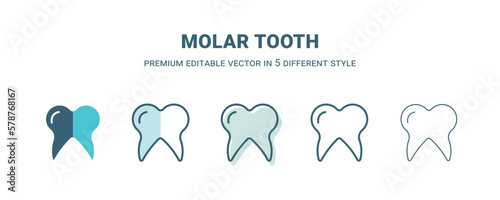 molar tooth icon in 5 different style. Outline, filled, two color, thin molar tooth icon isolated on white background. Editable vector can be used web and mobile