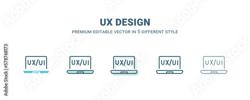 ux design icon in 5 different style. Outline, filled, two color, thin ux design icon isolated on white background. Editable vector can be used web and mobile