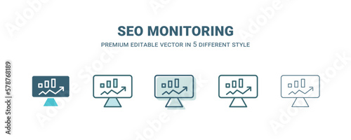 seo monitoring icon in 5 different style. Outline, filled, two color, thin seo monitoring icon isolated on white background. Editable vector can be used web and mobile