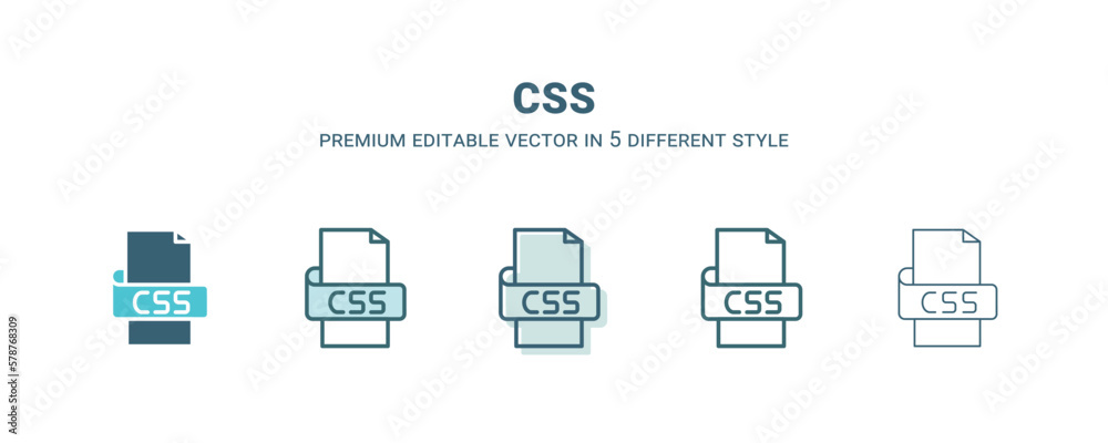 css icon in 5 different style. Outline, filled, two color, thin css icon isolated on white background. Editable vector can be used web and mobile