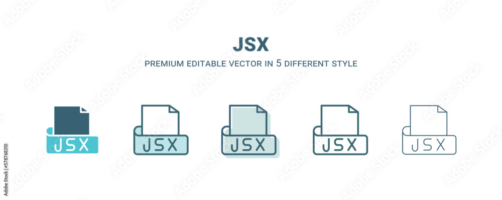 jsx icon in 5 different style. Outline, filled, two color, thin jsx icon isolated on white background. Editable vector can be used web and mobile