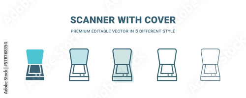 scanner with cover icon in 5 different style. Outline, filled, two color, thin scanner with cover icon isolated on white background. Editable vector can be used web and mobile