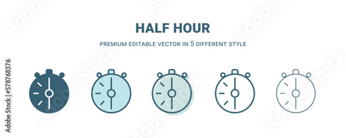 half hour icon in 5 different style. Outline, filled, two color, thin half hour icon isolated on white background. Editable vector can be used web and mobile