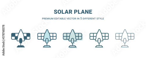 solar plane icon in 5 different style. Outline, filled, two color, thin solar plane icon isolated on white background. Editable vector can be used web and mobile
