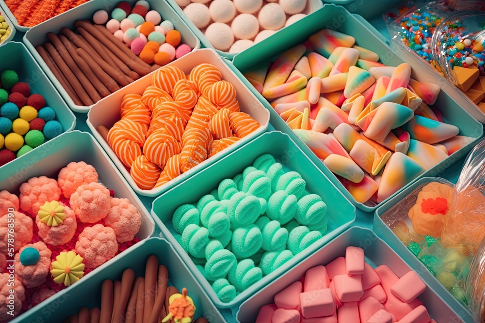 Candies and sweets of every conceivable hue, displayed for sale in trays at a flea market. Generative AI