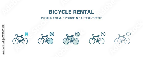 bicycle rental icon in 5 different style. Outline, filled, two color, thin bicycle rental icon isolated on white background. Editable vector can be used web and mobile