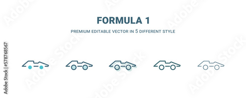 formula 1 icon in 5 different style. Outline, filled, two color, thin formula 1 icon isolated on white background. Editable vector can be used web and mobile