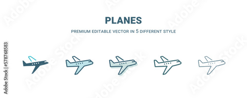 planes icon in 5 different style. Outline, filled, two color, thin planes icon isolated on white background. Editable vector can be used web and mobile