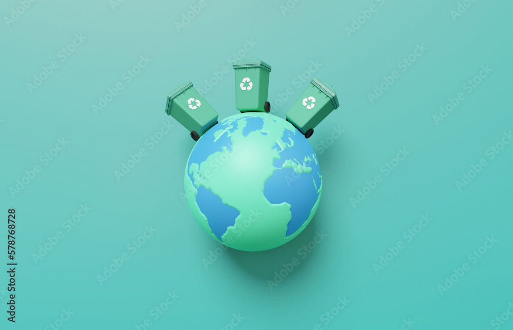Fototapeta premium 3D earth care with green trash recycle symbol on green pastel background, environment concept. bio ecosystem protection, return, waste, copy space, 3d render illustration. cartoon minimal style