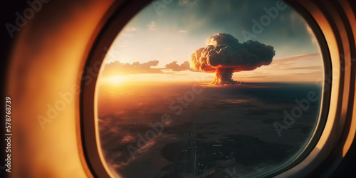 Beautiful sunset and Nuclear explosion in the airplane window. Atomic bomb in city. Symbol of war, end of world. Created with Generative AI technology