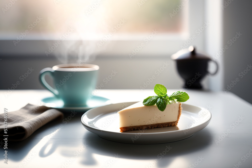 Cheesecake with mint leaves with a cup of hot coffee on a white table. Breakfast with morning sun. Generative AI Cheesecake with mint leaves with a cup of hot coffee on a white table. Breakfast with morning sun. Generative AI