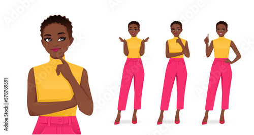 Young African American woman in bright colors clothes frustrated, thinking and making idea pointing up isolated on white background vector illustration