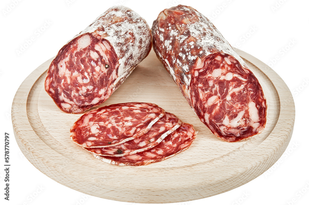 Delicious salami sausage on wooden plate on white background Delicious salami sausage on wooden plate on white background