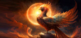 Firebird, Phoenix bird sun burning fire in the sky.  Fantasy image created with generative ai