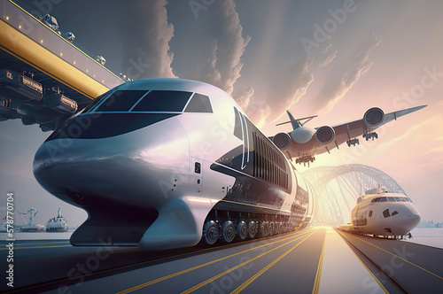 Modern means of transport of the future. Travel in various modes of transportation by car  plane  ship and train with the technological vehicles of the future  anywhere in the world. AI generated.