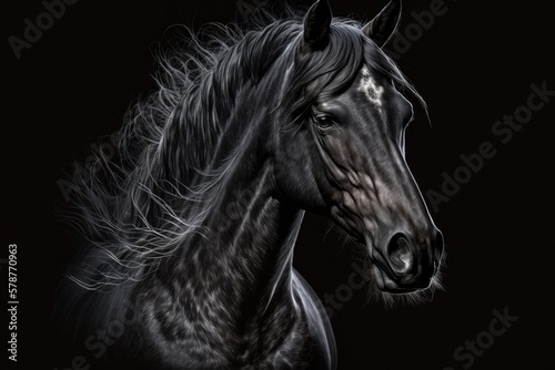 Illustration of a horse against a black background. Generative AI