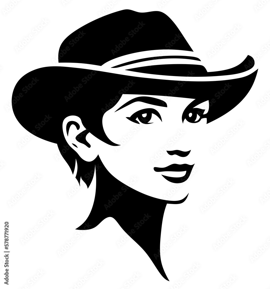 Girl in a cowboy hat. Farmer woman. Painted portrait of a girl with short hair.