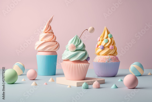 3d trendy cupcakes with a pastel backdrop made by generative ai