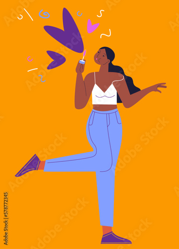 Cute girl blowing heart shaped bubbles. Joy of life and love yourself concept. Trendy hand-drawn vector flat cartoon illustration.