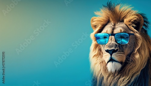 cool lion face with sunglasses, empty copy space for text, pastel blue studio background. Generative AI. © GustavsMD