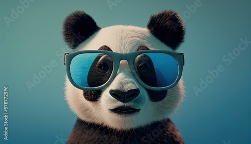 Cool panda face with sunglasses, empty copy space for text, pastel blue studio background. Generative AI.