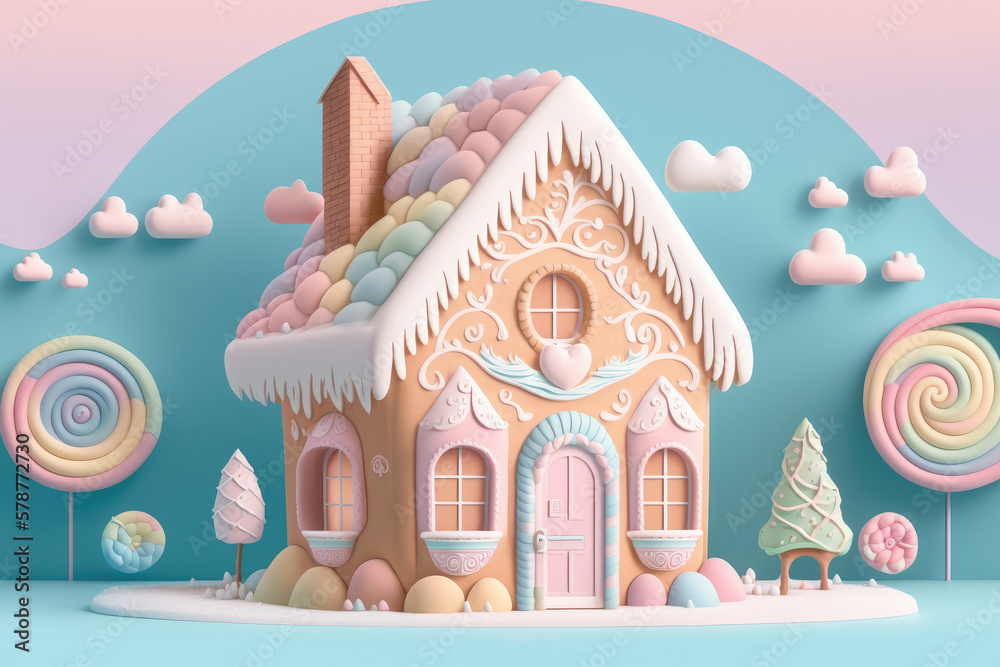 3d model of gingerbread house illustration with a pastel backdrop made ...
