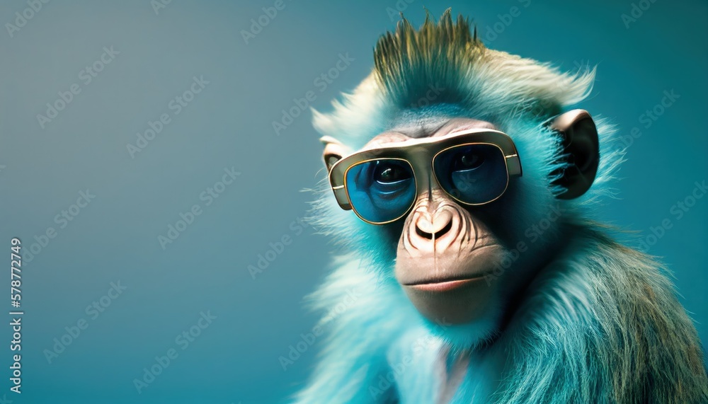 Cool Monkey face with sunglasses, empty copy space for text, pastel blue studio background. Generative AI.