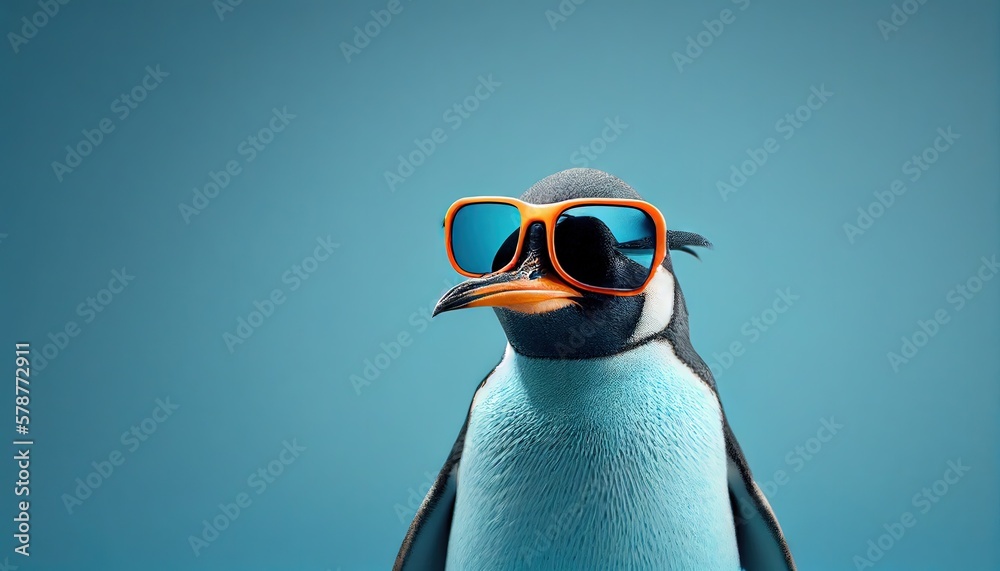 Obraz premium cool penguins face with sunglasses, empty copy space for text, pastel blue studio background. Generative AI.