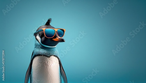 cool penguins face with sunglasses, empty copy space for text, pastel blue studio background. Generative AI.