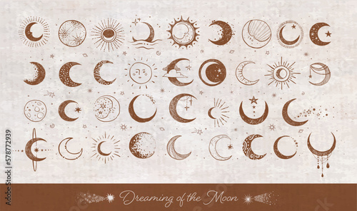 Doodles with the moon on vintage background. Crescent moon collection. Vector sketch illustration.