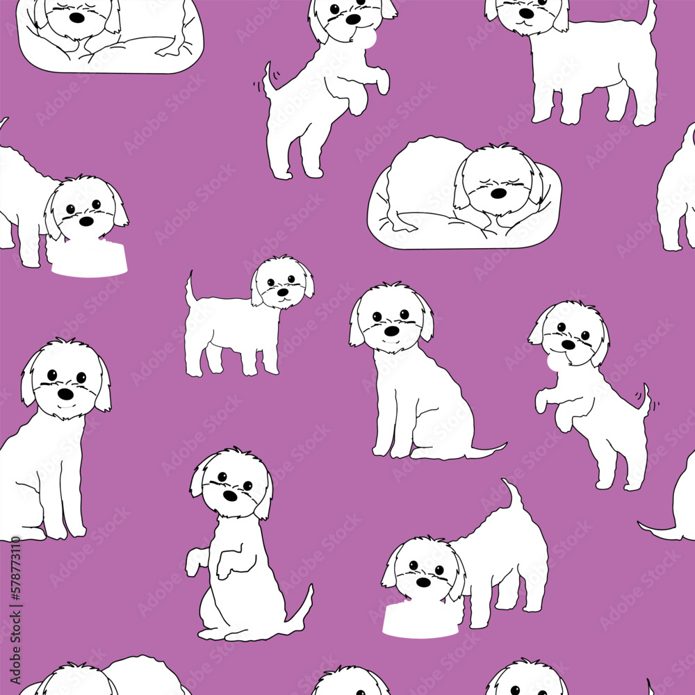 Maltese puppies outline - cute seamless pattern with dogs on pink backgroud.  Cartoon hand drawn vector illustration with white dogs.