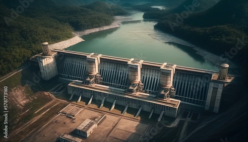 Aerial View of Massive Hydroelectric Dam. Concept. Generative AI.