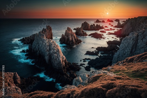 Ouessant Island's rugged coast at sunset in Brittany, France. Generative AI