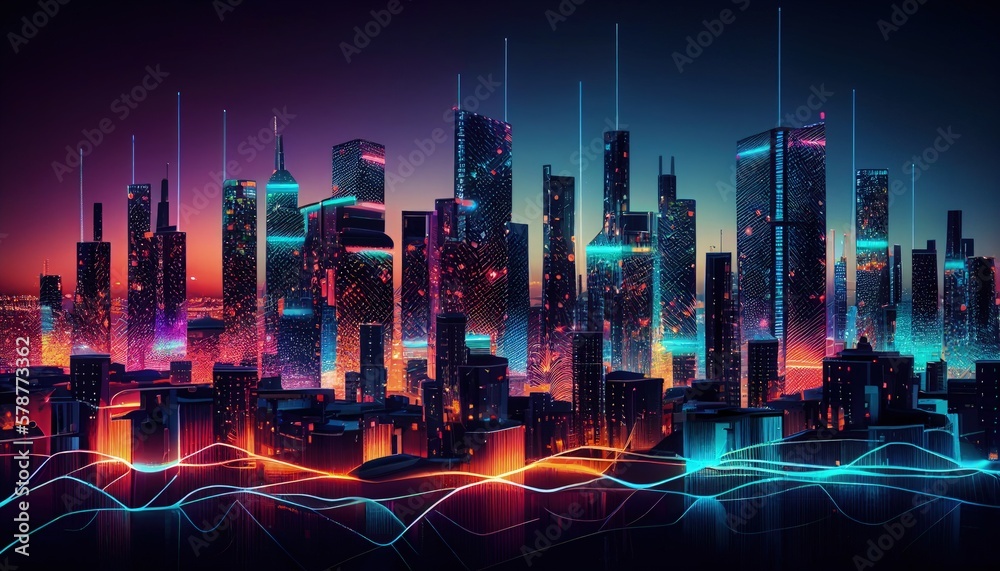smart city at night, application development concept, smart city, Internet of things, smart life, information technology, metaverse connection technology. Generative AI