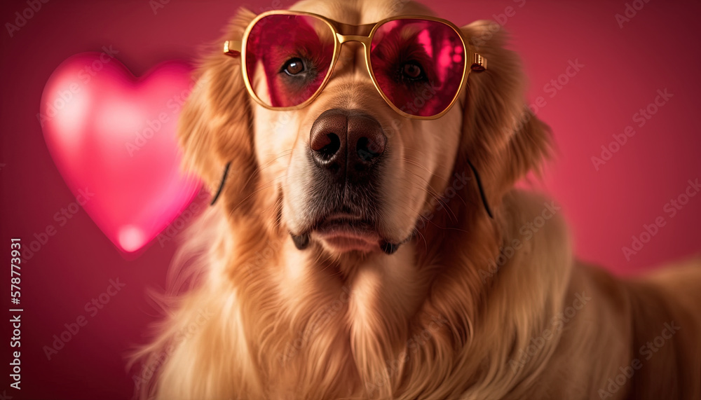 a dog wearing sunglasses with a heart shaped object in the background.  generative ai
