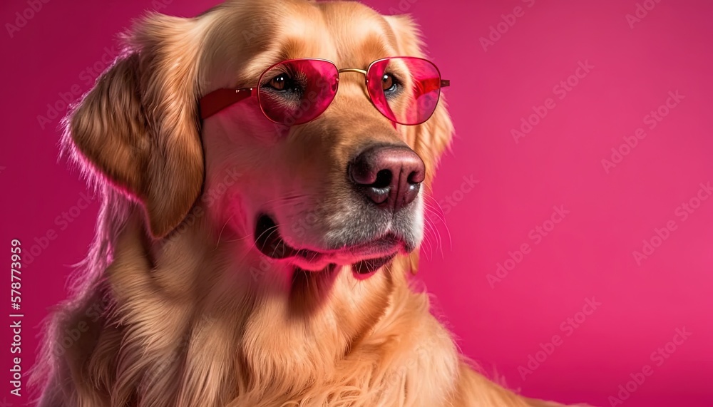  a golden retriever wearing red heart shaped glasses on a pink background.  generative ai