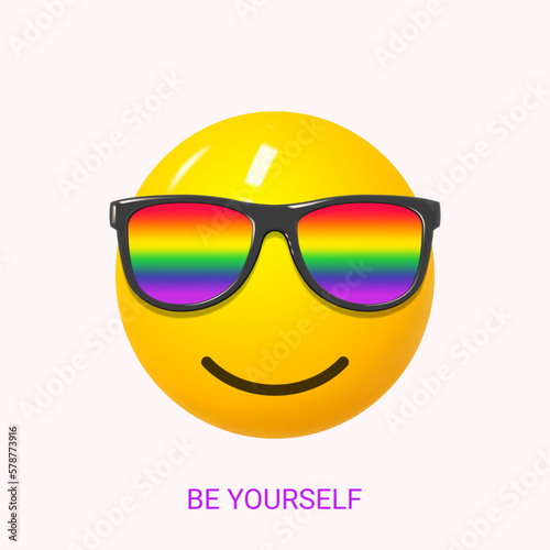 Pride Month greeting card. Banner for Pride Month with 3d funny smile emoji with rainbow sunglasses on eyes for design of LGBTQ events. Human rights and tolerance concept. Vector illustration.