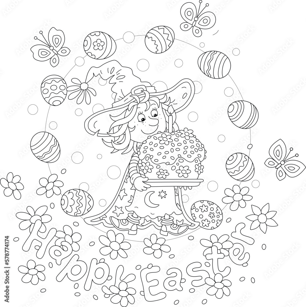 Happy Easter card with a little fairy holding a fancy cake and surrounded by flying decorated gift eggs, flowers and merry butterflies, black and white vector cartoon