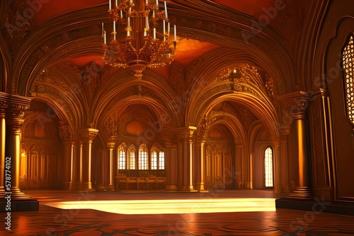 A Realistic Fantasy Interior Of The Royal Palace. Golden Red Palace. Castle Interior. Fiction Backdrop. Concept Art. Generative AI
