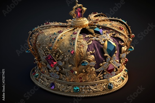 King's crown, encrusted in gold and jewels, resting on a ceremonial pillow. Generative AI
